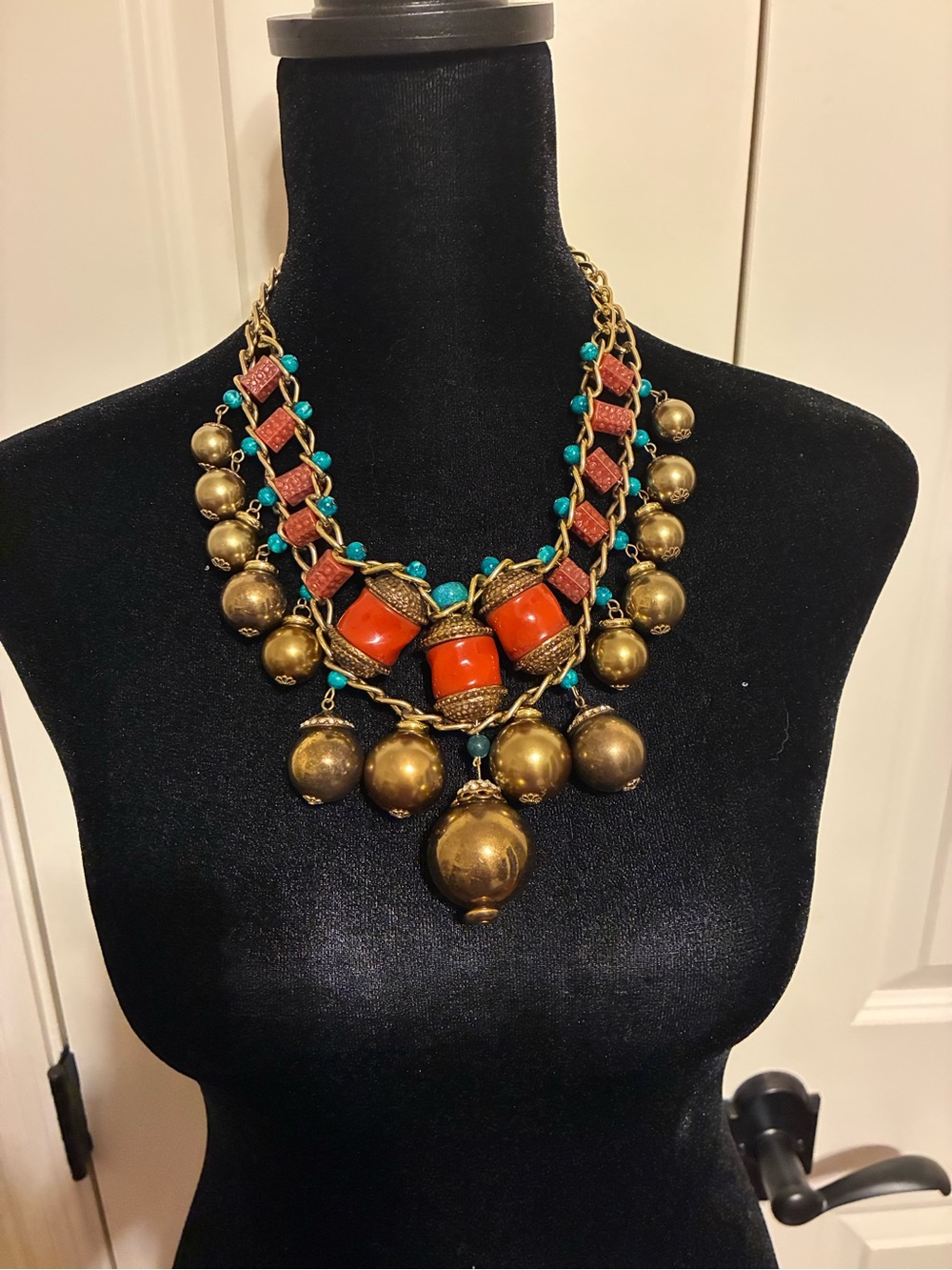 Chico’s Bold Turquoise and Coral Statement Necklace - Gold Toned Beaded Collar